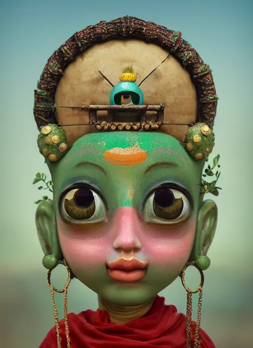 Prompt: closeup portrait of tin toy green girl milarepa trap, depth of field, zeiss lens, detailed, symmetrical, centered, fashion photoshoot, by nicoletta ceccoli, mark ryden, lostfish, breathtaking, 8 k resolution, extremely detailed, beautiful, establishing shot, artistic, hyperrealistic, octane render