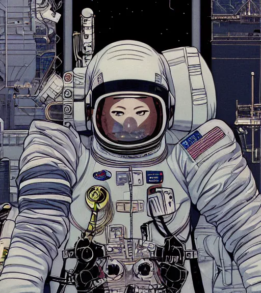 Image similar to cyberpunk japanese astronaut with long limbs and a black spacesuit on a spacewalk outside of their ship, techwear, Industrial Scifi, detailed illustration, character portrait, by Martin Grip and Moebius