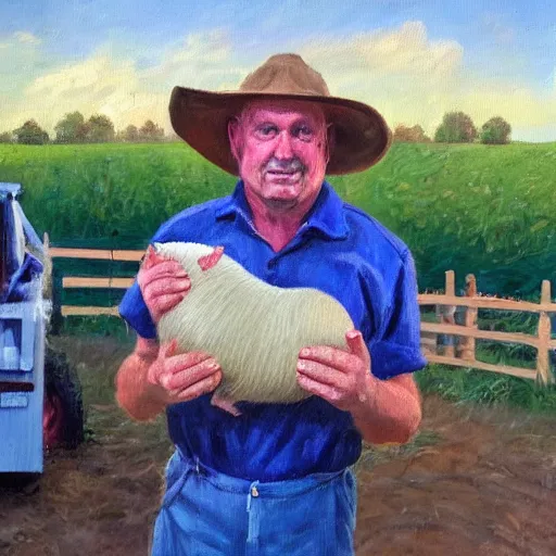 Image similar to a proud englishman farmer showing off his prized blue ribbon hog at the county fair, oil painting