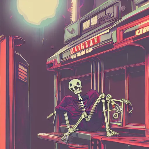 Prompt: a skeleton sitting on a bench in front of a phone booth, cyberpunk art by tomer hanuka, behance contest winner, pop surrealism, 2 d game art, macabre, hellish background