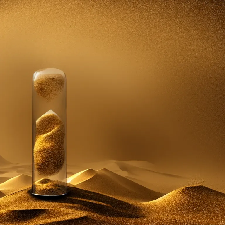 Prompt: a large hour glass filled with sand is almost empty, signifying the looming end of time. cinematic atmosphere, cinematic lighting, focus, 3 d, 8 k, ultra - realistic, focus, film, sandstorm.