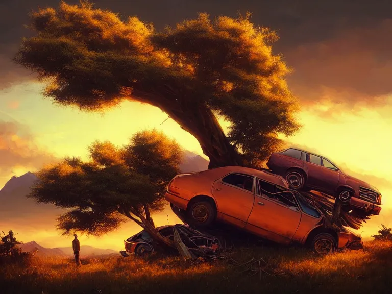 Image similar to low angle shot of tree growing inside scrap car in the foreground. overgrown. soft golden red sunset over the mountains in the background. clouds. detailed leaves. hyperrealistic, highly detailed, cinematic, beautiful, cgsociety, artstation, oil painting by greg rutkowski, by artgerm, by wlop