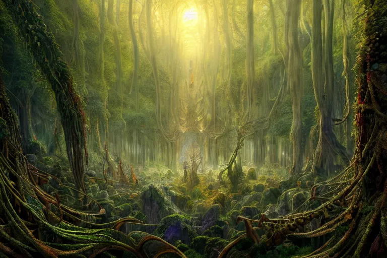 Image similar to a beautiful and highly detailed digital painting of an epic elven construction in an intricately woven forest in the misty mountains, psychedelic patterns, intricate details, epic scale, 8 k, sharp focus, photorealism, artstation, cgsociety, by caspar friedrich, albert bierstadt, james gurney, brian froud,