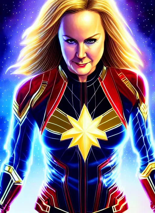 Prompt: lita ford as captain marvel, intricate, elegant, glowing lights, highly detailed, digital painting, artstation, glamor pose, concept art, smooth, sharp focus, illustration, art by artgerm and greg rutkowski, artey freytag