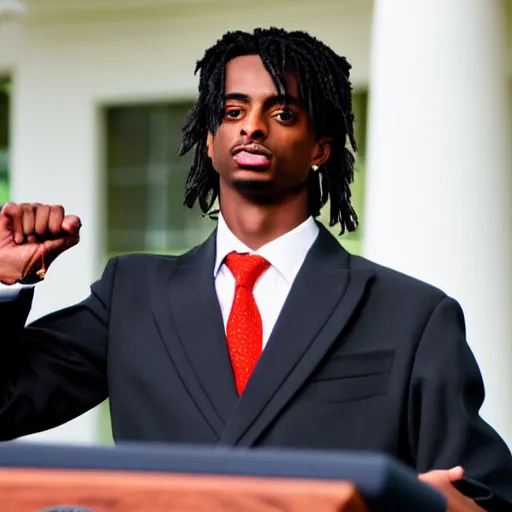 Image similar to professional photograph of Playboi Carti making an inauguration speech at the white house, 8k, cinematic, dslr,