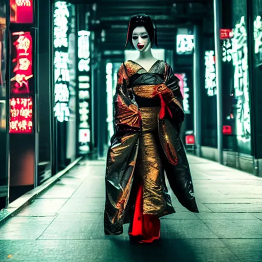 Image similar to a geisha dressed in metallic clothes, in a futuristic city int he style of cyberpunk 2 0 7 7, award winning photography