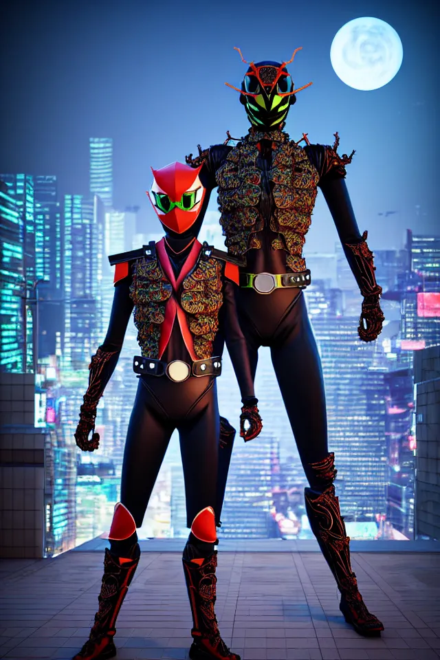 Image similar to kamen rider big belt hero sction pose, full body portrait, human structure bee concept art, human anatomy, intricate detail, hyperrealistic art and illustration by irakli nadar and alexandre ferra, blurry and sharp focus, on future tokyo night rooftop, unreal 5 engine highlly render, global illumination