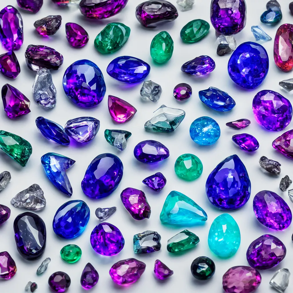 Image similar to collection of alien gemstones with levitating properties, professional studio photography, white backdrop, light refraction, chromatic aberration, bokeh,