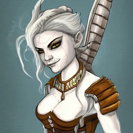 Prompt: A female white dragonborn! (barmaid). Tavern. Fantasy. D&D. Portrait.