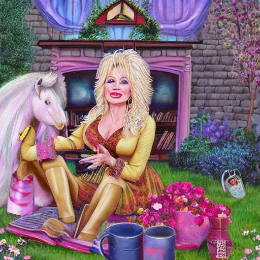 Prompt: dolly parton, books, tea party, outdoors, happy, soft image, highly detailed, award winning art, trending