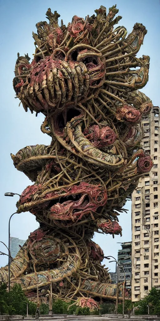 Image similar to colossal grotesque prehistoric alien flower made from best unfulfilled mankind projects in the middle of abandoned post soviet constructivist cityscape, Stalinist architecture, ultradetailed, Intricate by Hayao Miyazaki and Josan Gonzalez and Makoto Shinkai and Giuseppe Arcimboldo and Wes Anderson