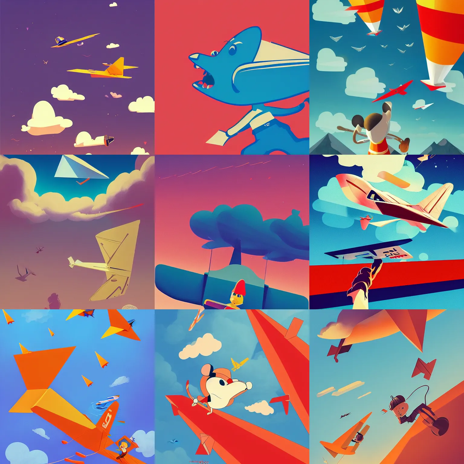 Prompt: pilot mouse in paper plane, movie poster, flying, sky, clouds, paper airplane, mice, atmospheric, full of color, illustration by James Jean, Loish Van Baarle, Ilya Kuvshinov, Disney, Pixar