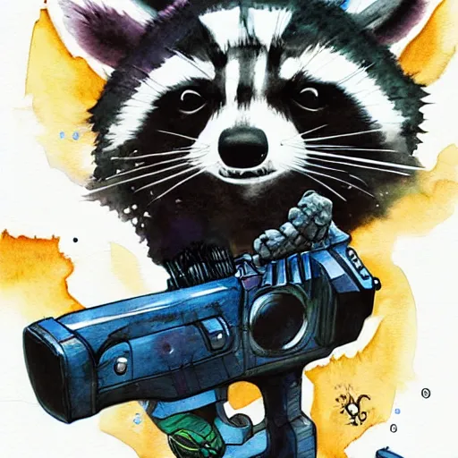 Image similar to racoon holding a laser gun, guardians of the galaxy style, centered award winning watercolor pen illustration, by caroline choi, edited by range murata