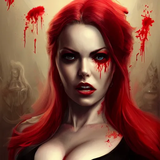Prompt: portrait of lexi belle, sexy muscular upper body in bloody business suit, blood red eyes, vampire fangs, fantasy, intricate, elegant, highly detailed, digital painting, artstation, concept art, matte, sharp focus, illustration, art by aenaluck and roberto ferri and greg rutkowski, epic fantasy, digital painting