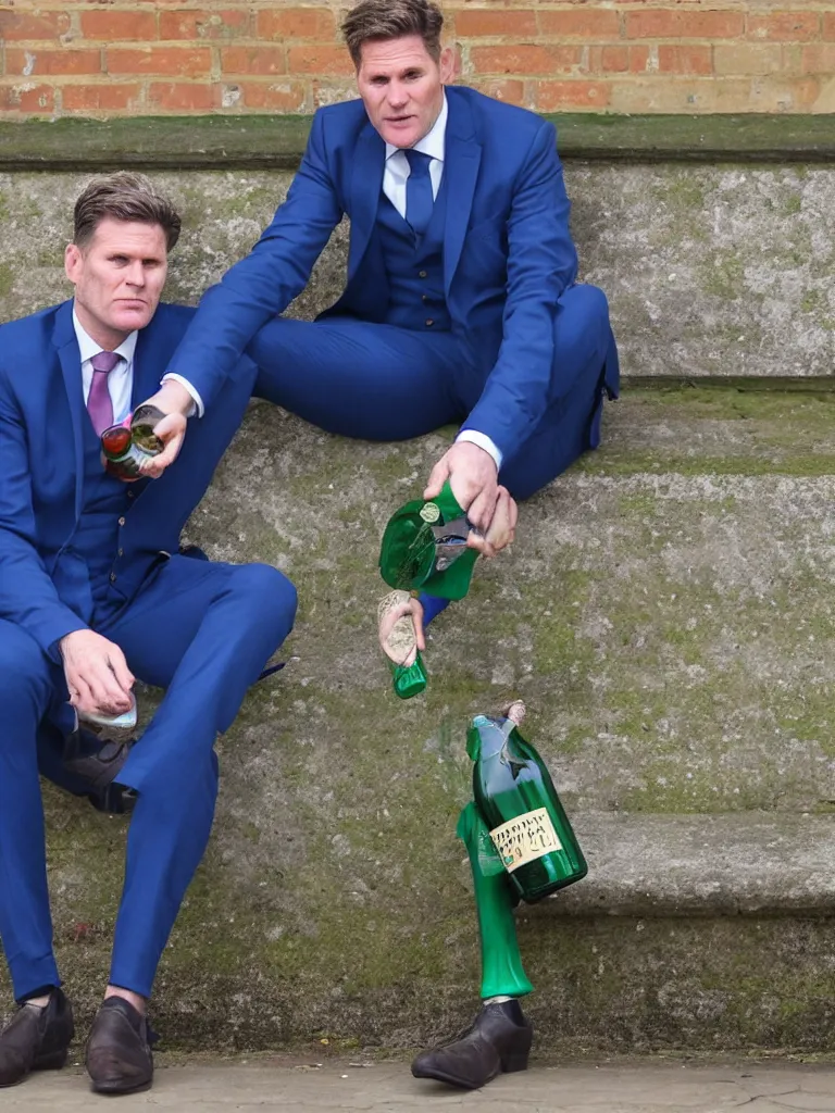 Image similar to Sir Kier Starmer in a blue suit wearing a flat cap on his head sitting on a bench alone holding a large plastic green bottle of cider, at his feet are empty cans and bottles