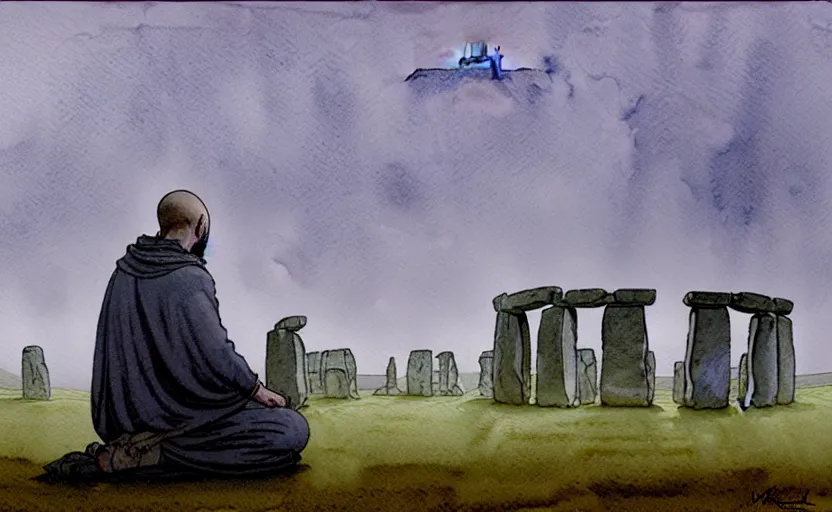 Image similar to a hyperrealist watercolour character concept art portrait of one small grey medieval monk kneeling down in prayer in front of a complete stonehenge monument on a misty night. a huge stone is floating above stonehenge. by rebecca guay, michael kaluta, charles vess and jean moebius giraud