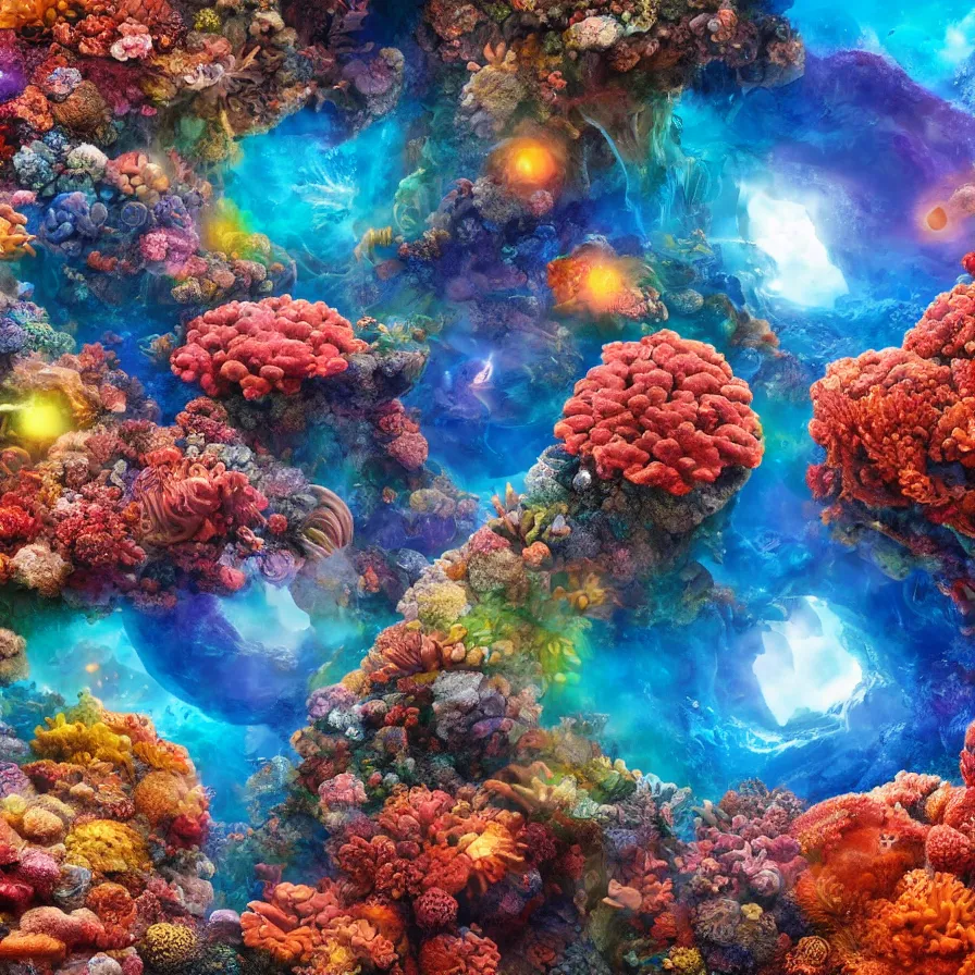 Image similar to album art of an alien planet made out of different coloured corals, with big starfish, creatures, rocky landscape, floating waterfalls, omni magazine, cinematic lighting, detailed