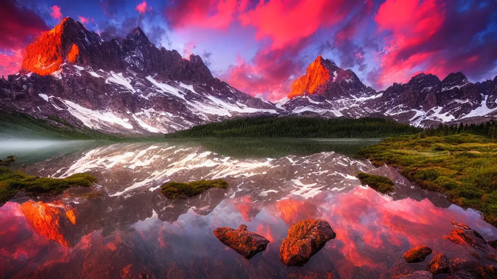 Image similar to amazing landscape photo of mountains with lake in sunset by marc adamus, beautiful dramatic lighting