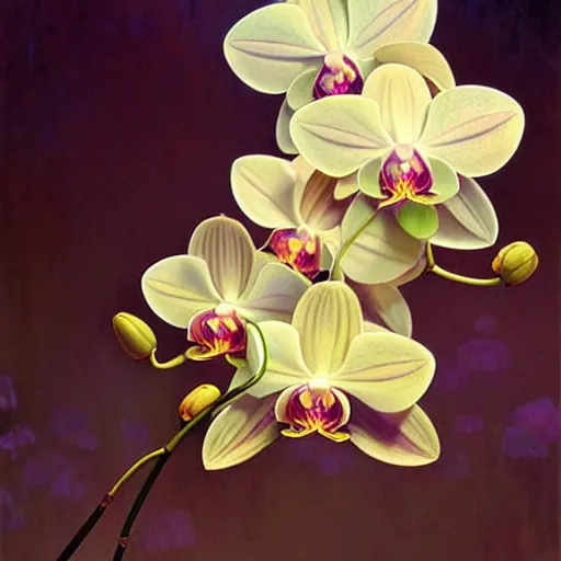 Image similar to surreal multilayer orchid petals, refracted lighting, photorealistic, soft, sharp focus, art by collier, albert aublet, krenz cushart, artem demura, alphonse mucha