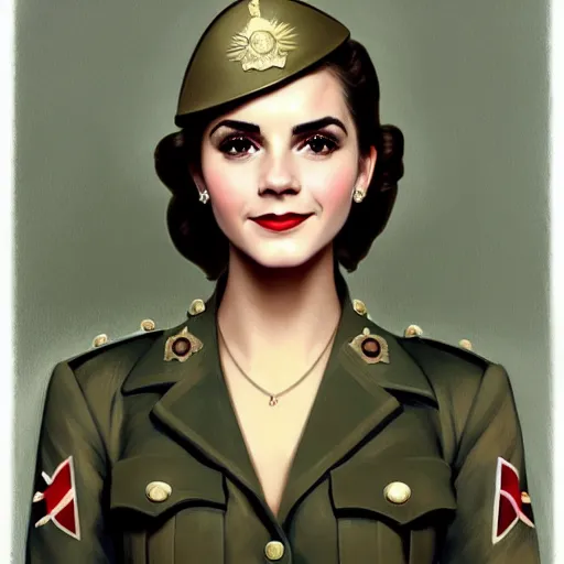 Image similar to A combination of Victoria Justice's and Grace Kelly's and Emma Watson's appearances as a WW2 soldier, full body portrait, western, D&D, fantasy, intricate, elegant, highly detailed, digital painting, artstation, concept art, matte, sharp focus, illustration, art by Artgerm and Greg Rutkowski and Alphonse Mucha