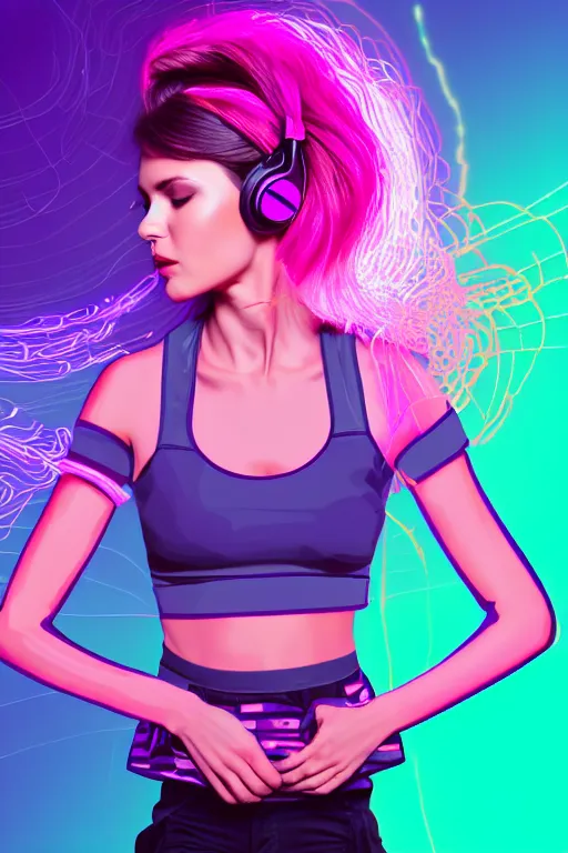 Image similar to a award winning half body portrait of a beautiful woman with stunning eyes in a croptop and cargo pants with ombre purple pink teal hairstyle dancing with headphones on her ears by thomas danthony, surrounded by whirling illuminated lines, outrun, vaporware, shaded flat illustration, digital art, trending on artstation, highly detailed, fine detail, intricate