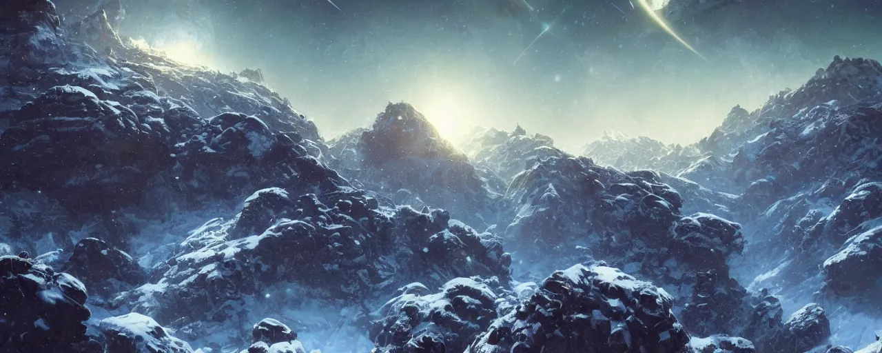 Image similar to ” outer planet with a rugged snow topped mountain range, [ art by paul lehr, cinematic, detailed, epic, widescreen, opening, establishing, mattepainting, photorealistic, realistic textures, octane render ] ”