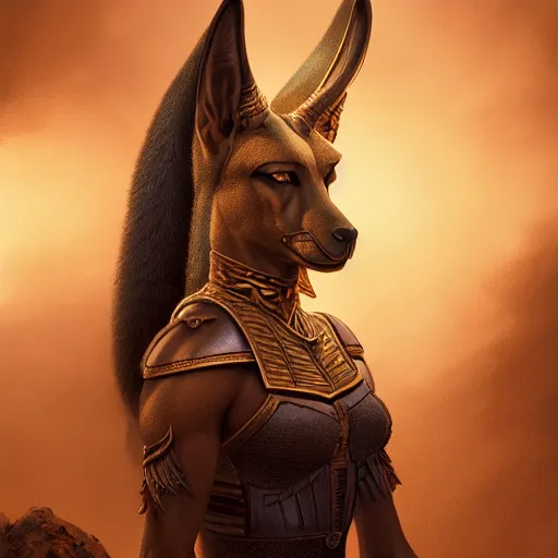 Image similar to Majestic gracious Anubis female warrior portrait, atmospheric lighting, painted, intricate, volumetric lighting, beautiful, rich deep colors masterpiece, golden hour, sharp focus, ultra detailed, by Leesha Hannigan, Ross Tran, Thierry Doizon, Kai Carpenter, Ignacio Fernández Ríos