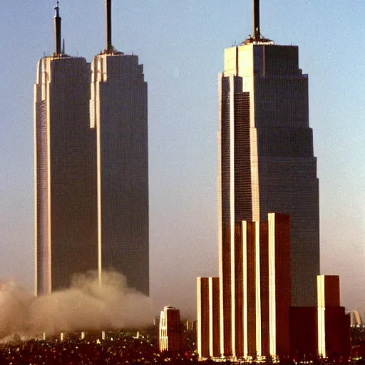 Prompt: “The TwinTowers transform into giant robots, tower B waves down at the crowd Gettyimages September 11 2001 hq ap photos CNN”