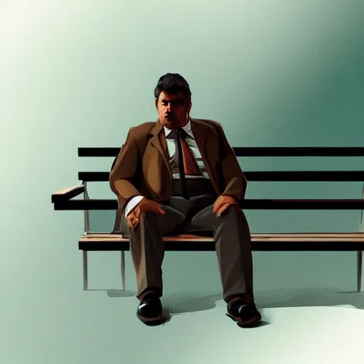 Image similar to pensive pablo escobar seating on a bench waiting, digital painting, artstation, concept art, sharp focus, illustration, portrait