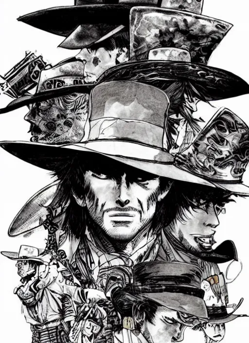 Prompt: a gunslinger wearing various hats on top of hats, by takehiko inoue and kim jung gi and hiroya oku, masterpiece ink illustration