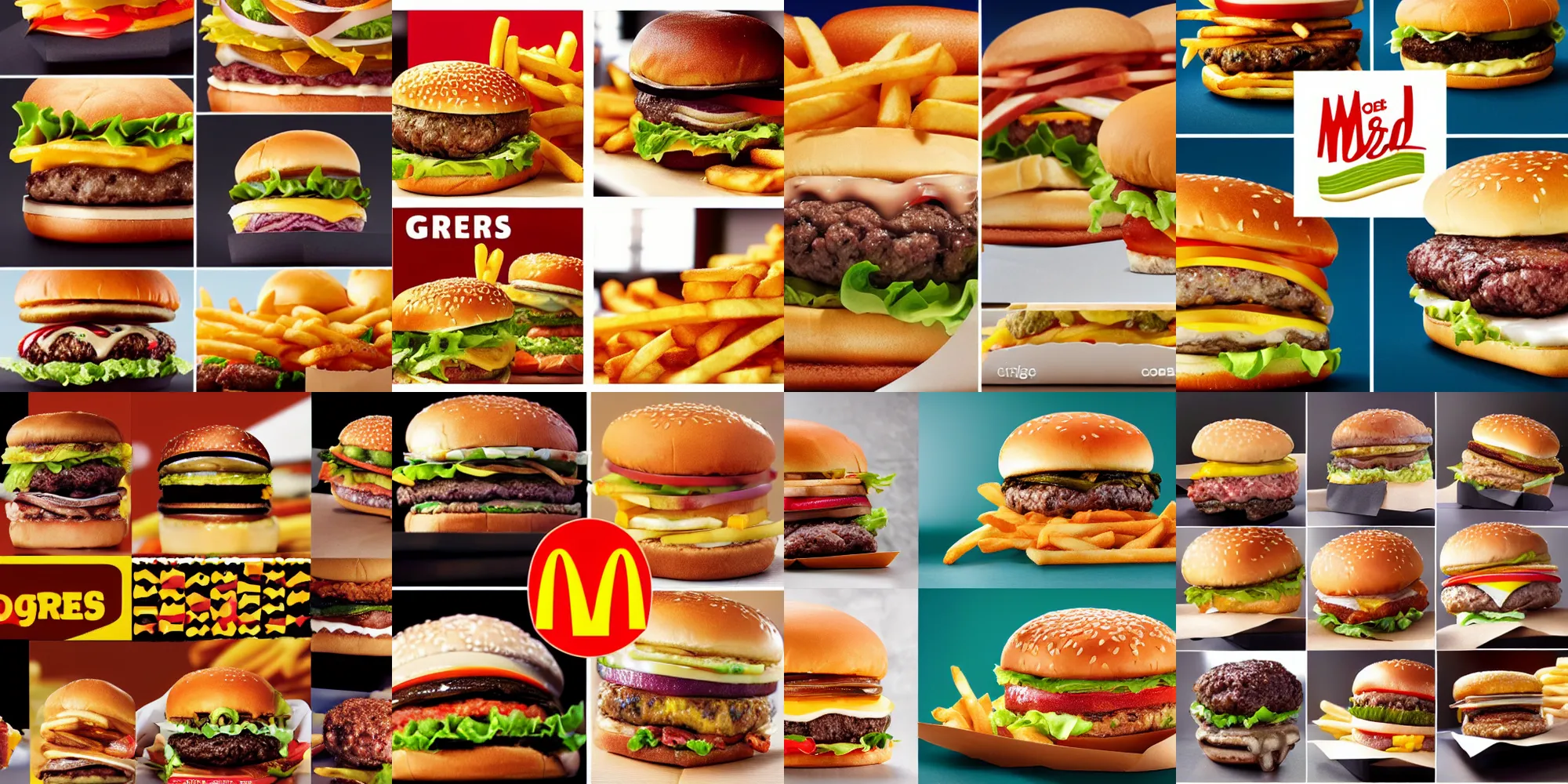 Prompt: a collage of the most delicious burgers and fries from mcdonalds