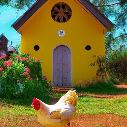 Image similar to beautiful church that looks like a kid, chickens are everywhere