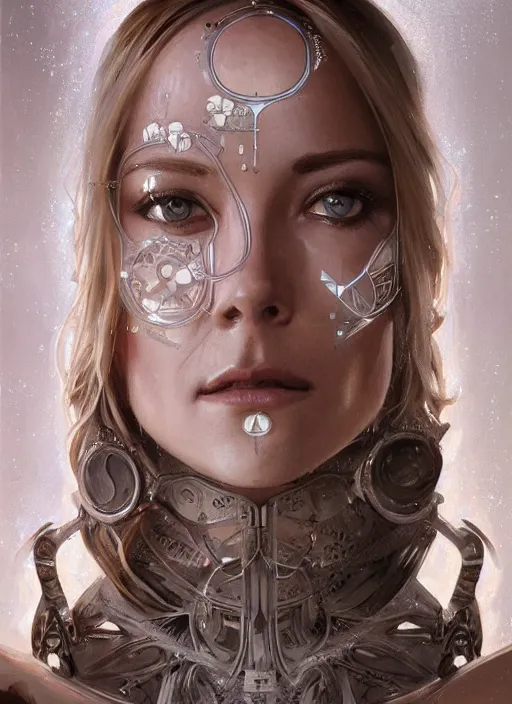 Image similar to symmetry!! kristanna loken, machine parts embedded into face, intricate, elegant, highly detailed, digital painting, artstation, concept art, smooth, sharp focus, illustration, art by artgerm and greg rutkowski and alphonse mucha, 8 k