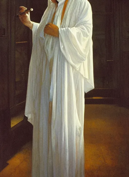 Image similar to an oil painting of a tall person in flowing white robes wearing a white venetian carnival mask standing in a gloomy dark room with hazy sunlight streaming through the window, in the style of john singer sargent, greg rutkowski, maxfield parrish and alphonse mucha