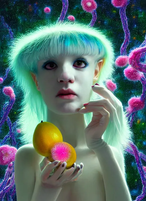 Image similar to hyper detailed 3d render like a Oil painting - kawaii portrait Aurora (white haired Singer Ferret) seen Eating of the Strangling network of yellowcake aerochrome and milky Fruit and Her delicate Hands hold of gossamer polyp blossoms bring iridescent fungal flowers whose spores black the foolish stars by Jacek Yerka, Mariusz Lewandowski, Houdini algorithmic generative render, Abstract brush strokes, Masterpiece, Edward Hopper and James Gilleard, Zdzislaw Beksinski, Mark Ryden, Wolfgang Lettl, hints of Yayoi Kasuma, octane render, 8k