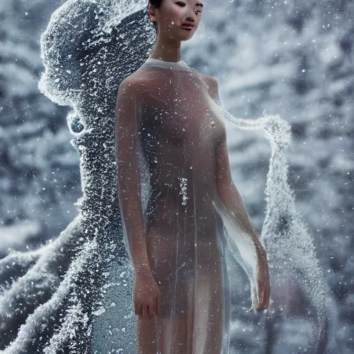 Image similar to a instax photo of fuji mountain, a tall japanese girl in a transparent sheer fabric dress against the background of fuji mountain, severe snow, full body shot, perfect symmetrical body, perfect symmetrical face, coherent symmetrical eyes, by peter kemp, by monia merlo, hyperrealistic, hyperdetailed, octane render, 8 k