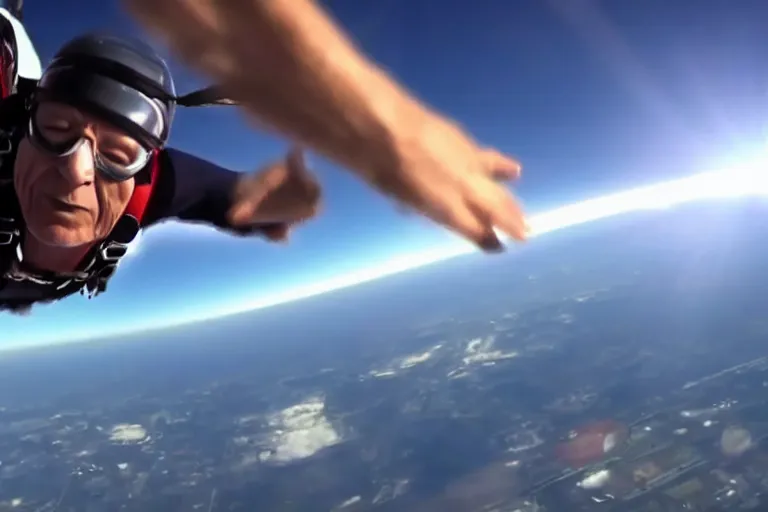Prompt: a cinematic still of patrick stewart skydiving off a skyscraper, extreme closeup, lens flare