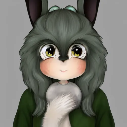 Prompt: little anthropomorphic bunny, green eyes, light brown fur, grey hair, wlop