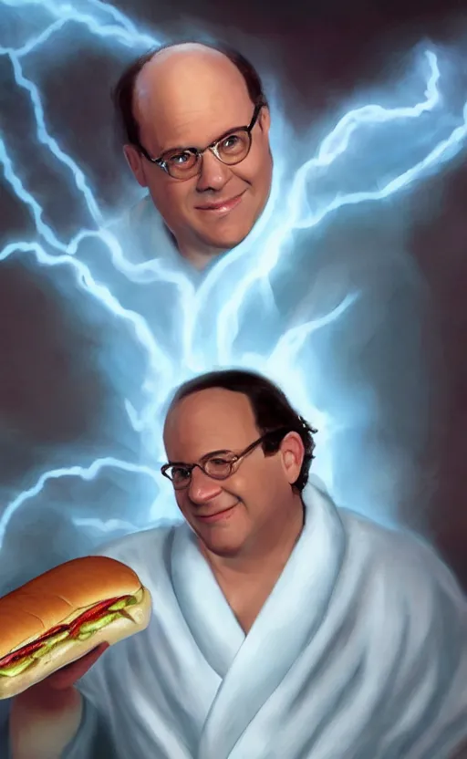 Image similar to george costanza holding a hoagie. he's wearing a flowing bathrobe made of light, airy fabric and he has a mischievous look on his face, dynamic lighting, photorealistic fantasy concept art, trending on art station, stunning visuals, creative, cinematic, ultra detailed