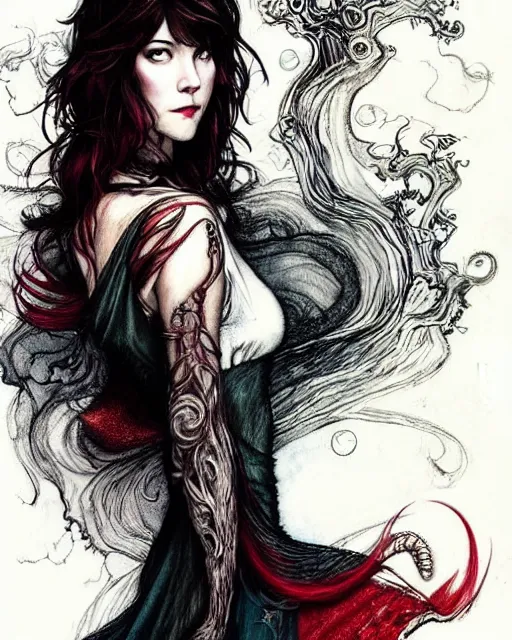 Image similar to style of arthur rackham, artgerm : : gorgeous mary elizabeth winstead : : evil sorceress, swirling black magic, black dress : : symmetrical face, symmetrical eyes : : full body pose : : gorgeous red hair : : cinematic lighting : :