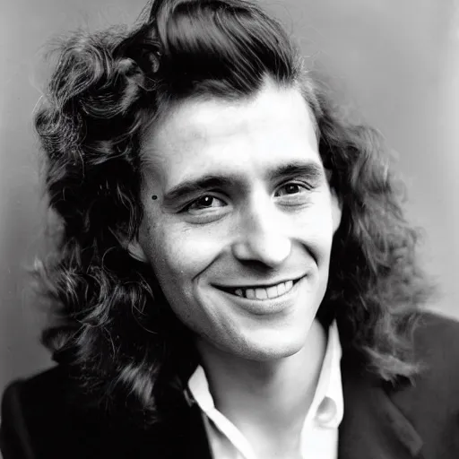 Prompt: wide-angle portrait of a typical person with waist-length incredible hair by Richard Avedon, gelatin silver finish, friendly eyes, smiling male, aquiline nose, nd4, 85mm, perfect location lighting
