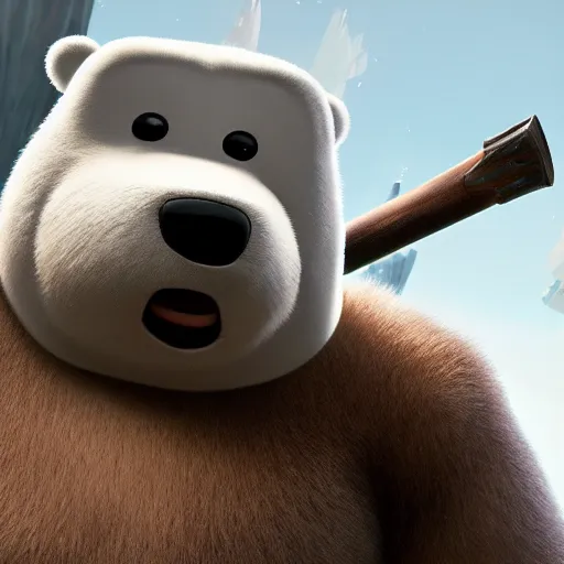 Image similar to ice bear as a robot with an axe from we bare bears in san fransisco, 8 k, weta pixar disney hyper realistic cinematic still