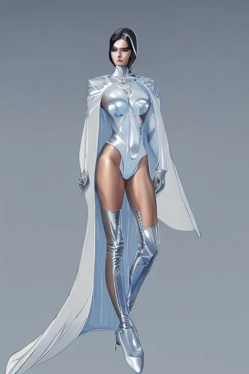Image similar to detailed beautiful noun in opened white gold blue coat, seductive confident pose, attractive feminine curves, intricate details, futuristic, alien, elegant cape, elegant, photorealism, trending on artstation, holy halo, advanced technology, art by moebius and vitaly bulgarov and chanthara