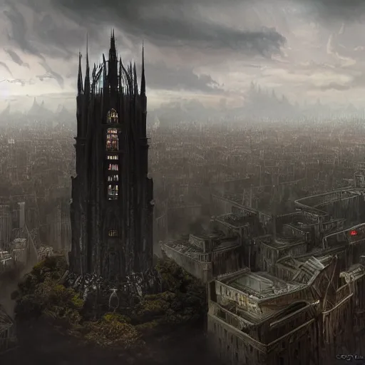 Prompt: an ultra detailed matte painting of a lonely and impossibly tall ominous gothic dark citadel tower of the evil patriarch, elevated high above the city, in a river elevated high above the city, fantasy capital city, ultrawide lense, aerial photography, scary thunderstorm, light fog, volumetric lighting, exquisite detail, 8 k, art by greg rutkowski and alphonse mucha