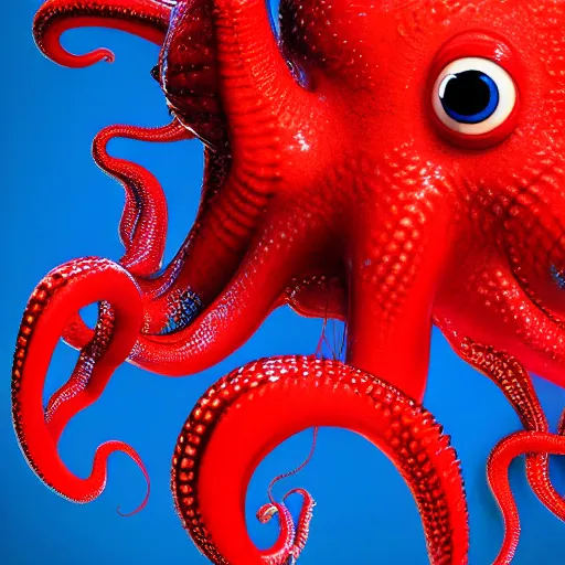 Image similar to portrait of red octopus, sly, cunning, blue background, pixar style animation 3d extremely gloomy lighting, atmospheric, cinematic, detailed illustration unreal Engine, 8K