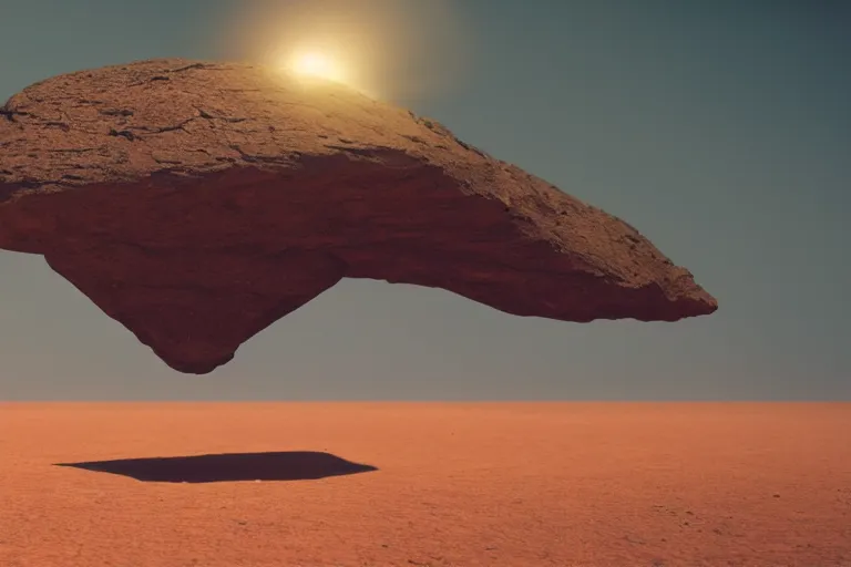 Prompt: a single massive dark rock levitating in desert, floating, octane render, cinematic, blade runner, Imax, dramatic composition and lighting, strange, weird, vaporwave, 8k,