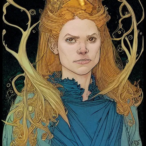 Image similar to a beautiful portrait of sanna!!!!! marin!!!!!, the young female prime minister of finland as a druidic wizard by rebecca guay, michael kaluta, charles vess and jean moebius giraud