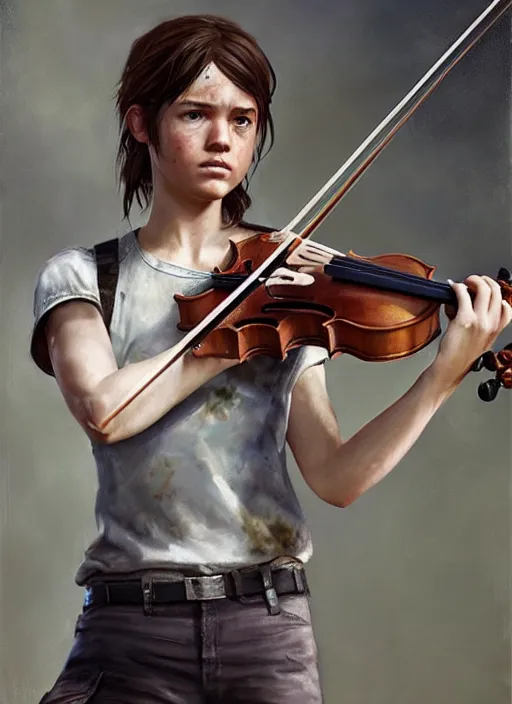 Image similar to ellie from the last of us in a white dress playing the violin on stage. by Daniel F. Gerhartz, hyperrealistic oil painting, 4k, very detailed faces, studio lightning