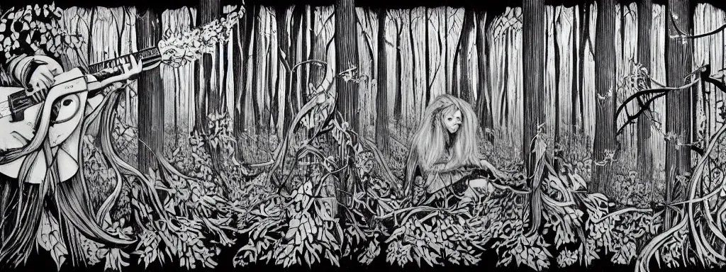 Image similar to a grunge technogaianist long-haired blonde digital musician playing modular synthesizer in the forest, technology and nature swirling in harmony, plugging vines into the synthesizer, trees swaying to the beat, postmodern surrealist concert poster, grainy poster art, hand drawn matte painting by Tara McPherson and Gary Houston, smooth, sharp focus, extremely detailed, 35mm.
