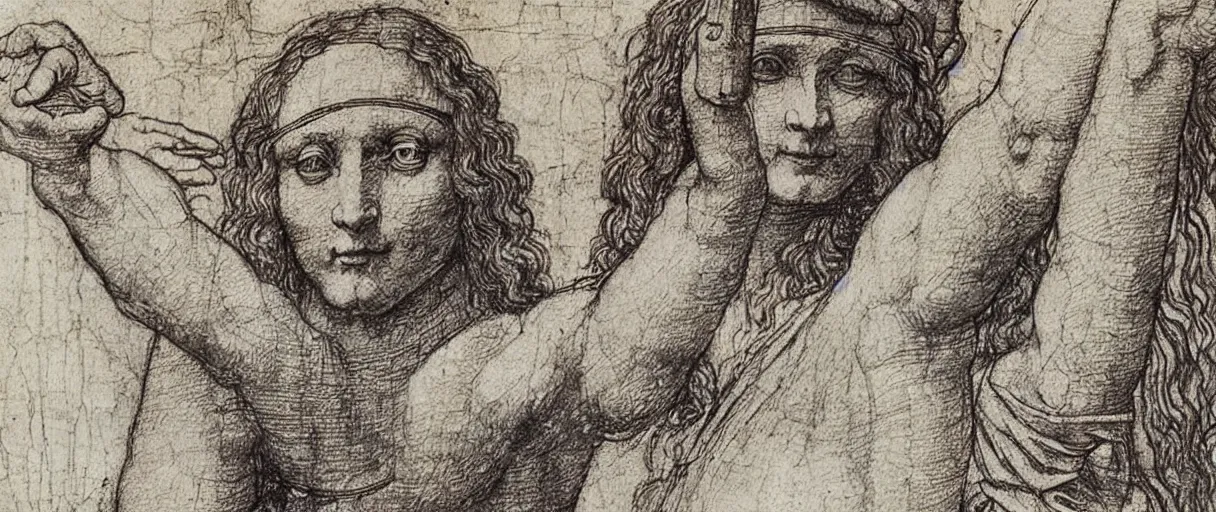 Prompt: a leonardo davinci sketch of a vitruvian person wearing a device that amplifies their creativity